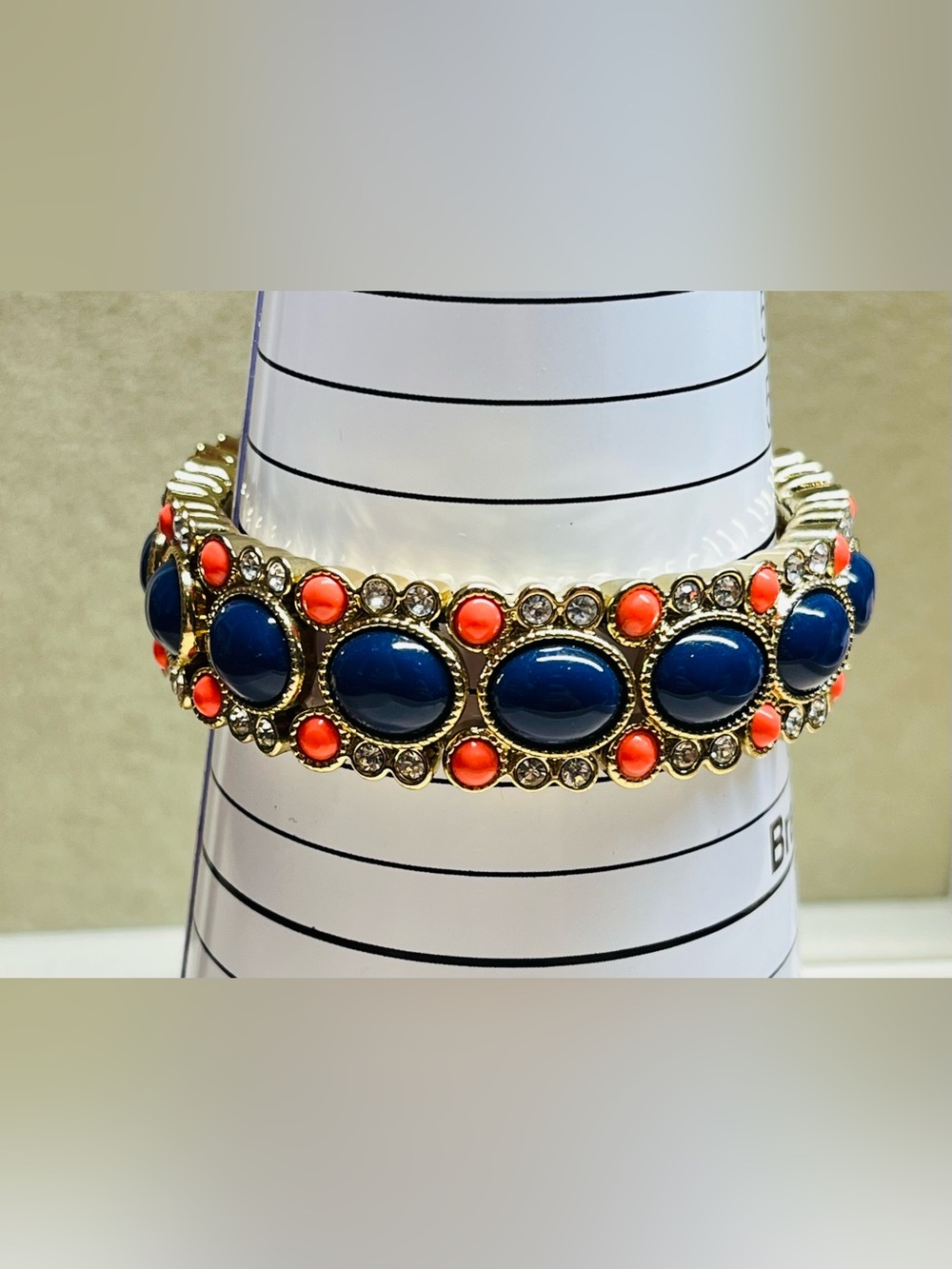 J.Crew Signed Gold Tone Blue Coral Enamel Rhinestone Stretch Bracelet